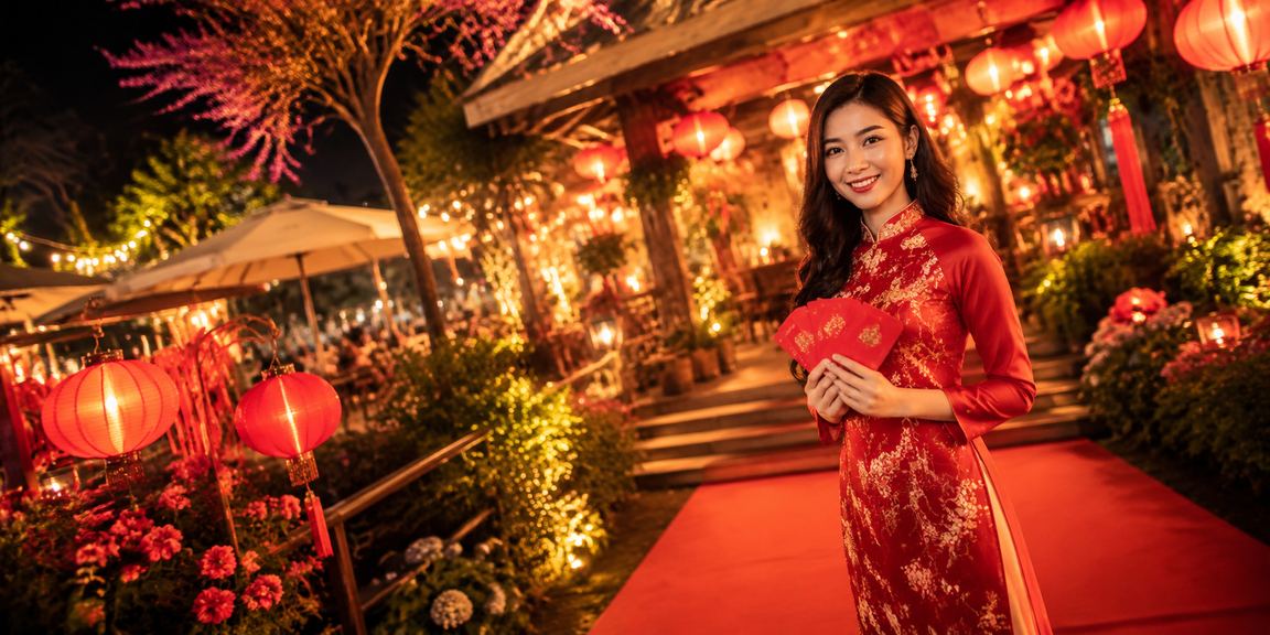 Người dùng tại Đà Lạt cầm phong bao đỏ may mắn bên cạnh cốc cà phê và thiết bị chơi game trực tuyến