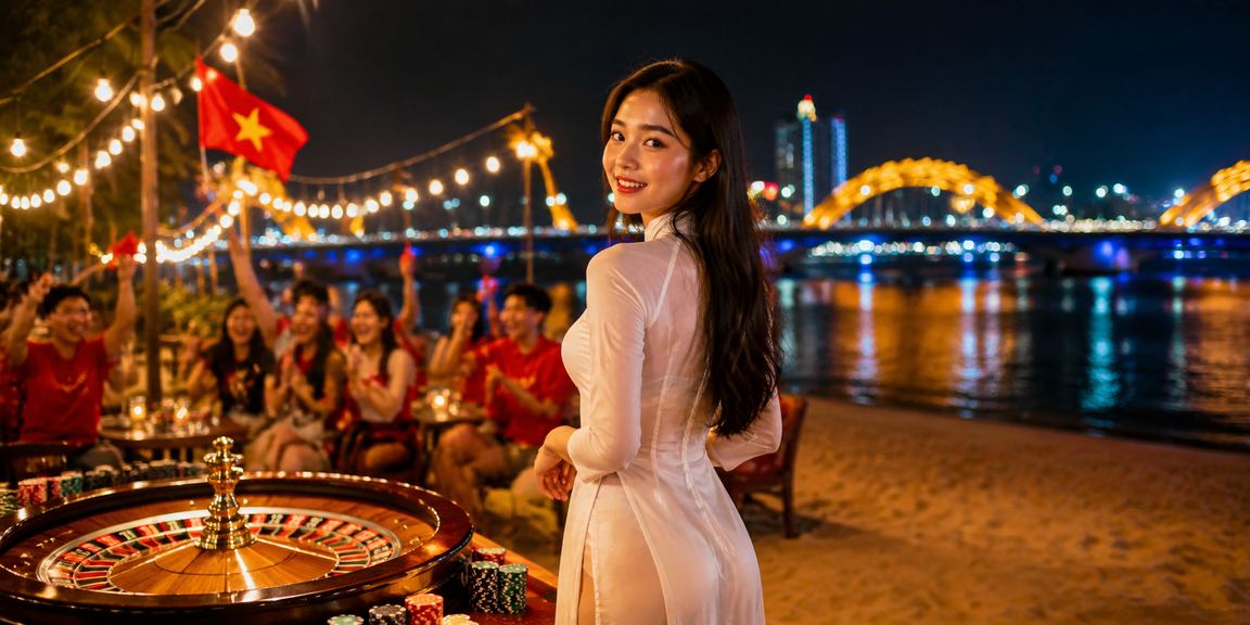 Phụ nữ mặc áo dài Đà Nẵng đứng trước màn hình điện tử kiểm tra giao dịch xổ số